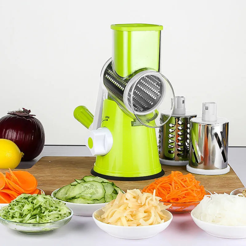 Multi-function kitchen roller gadget with vegetable chopper and suction cup base in blue colour