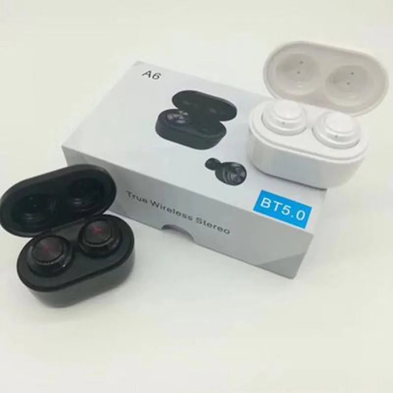 A6 TWS Bluetooth wireless headphones in black and white colour options with earplug design