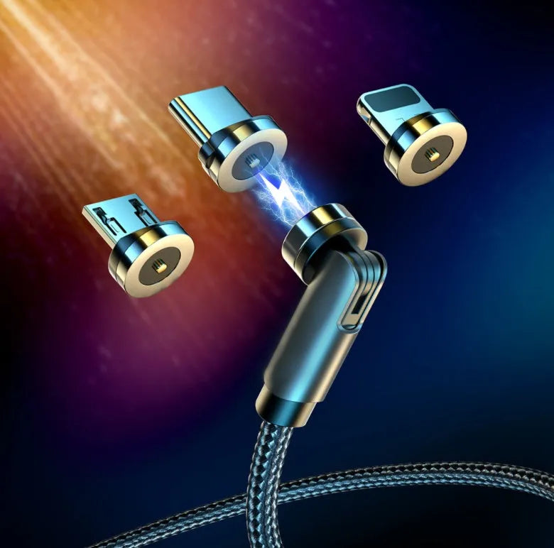Essager black magnetic USB charging cable showing 360-degree rotating connector and blue LED light.