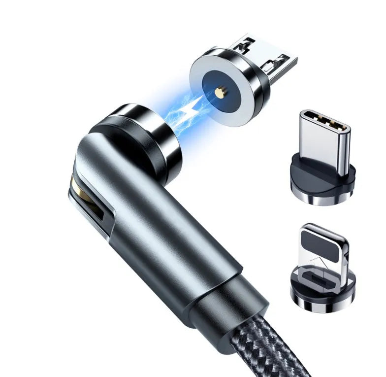 Essager black magnetic USB charging cable showing 360-degree rotating connector and blue LED light.