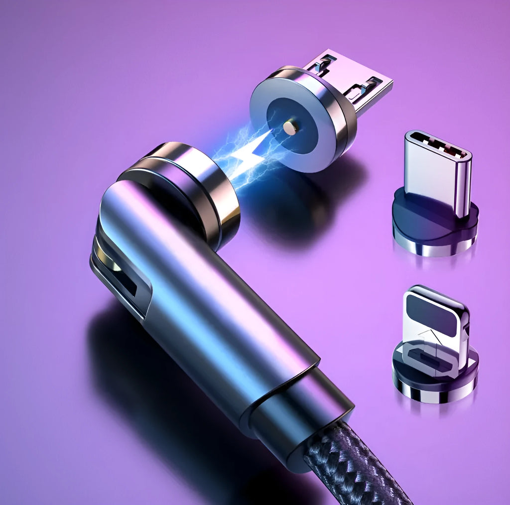 Essager black magnetic USB charging cable showing 360-degree rotating connector and blue LED light.