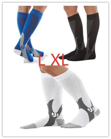 Black graduated compression socks with athletic fit for men and women, shown laid flat.