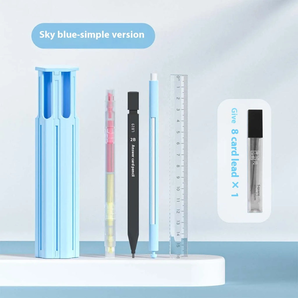 Plastic pencil case kit with pressing pen in pink, blue, or white, showing six-piece and sixteen-piece set options