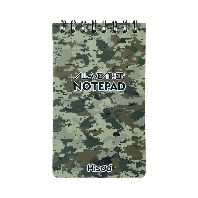 Spiral-bound waterproof office notepad in camouflage colour with stone paper pages.
