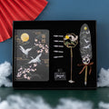Chinese style feather pen and notebook gift set with metal shells in four colour variations