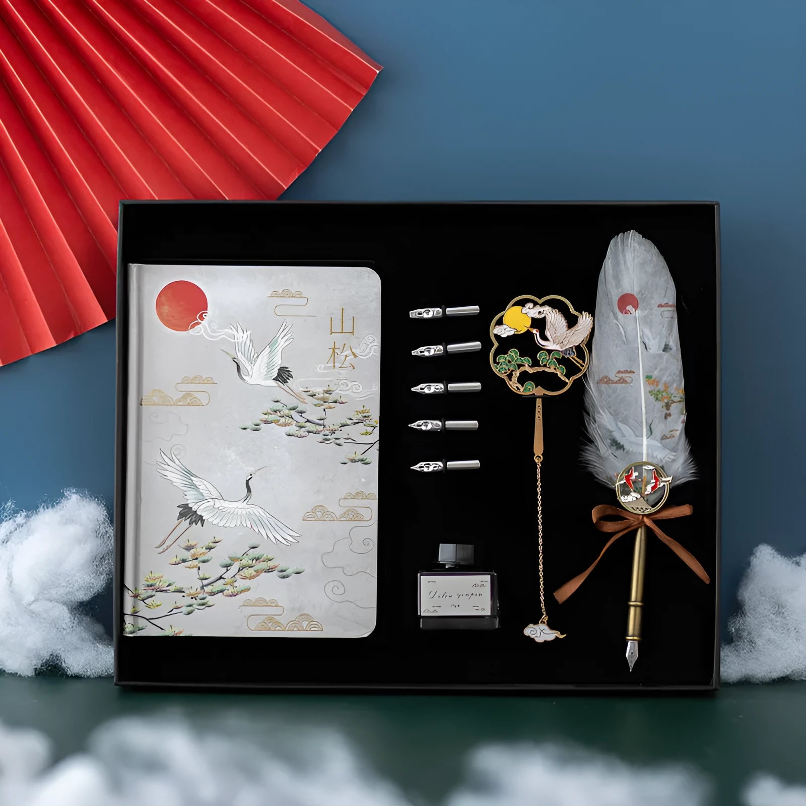 Chinese style feather pen and notebook gift set with metal shells in four colour variations