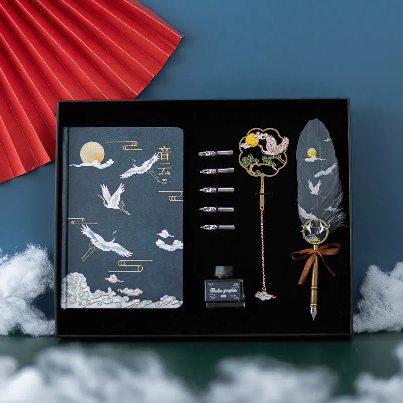 Chinese style feather pen and notebook gift set with metal shells in four colour variations