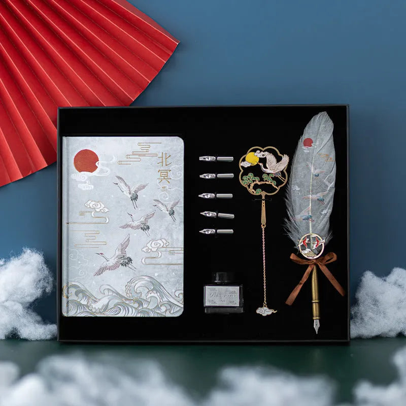 Chinese style feather pen and notebook gift set with metal shells in four colour variations
