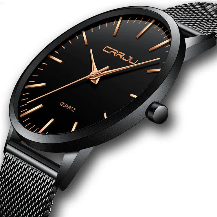 Men's casual quartz watch with alloy case and multiple strap colour options including black mesh and leather.