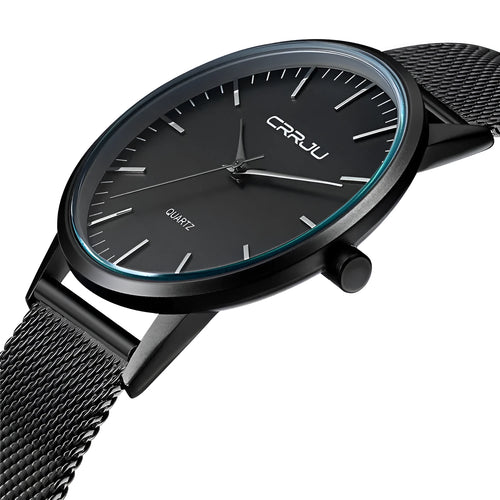 Men's casual quartz watch with alloy case and multiple strap colour options including black mesh and leather.