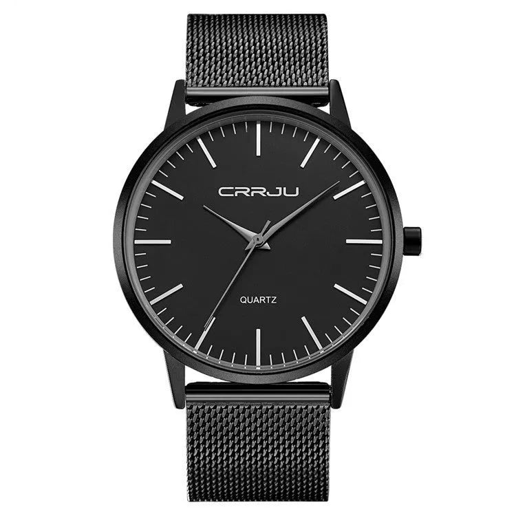 Men's casual quartz watch with alloy case and multiple strap colour options including black mesh and leather.