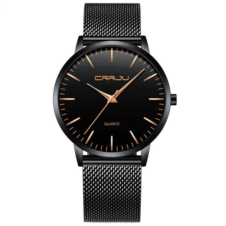 Men's casual quartz watch with alloy case and multiple strap colour options including black mesh and leather.