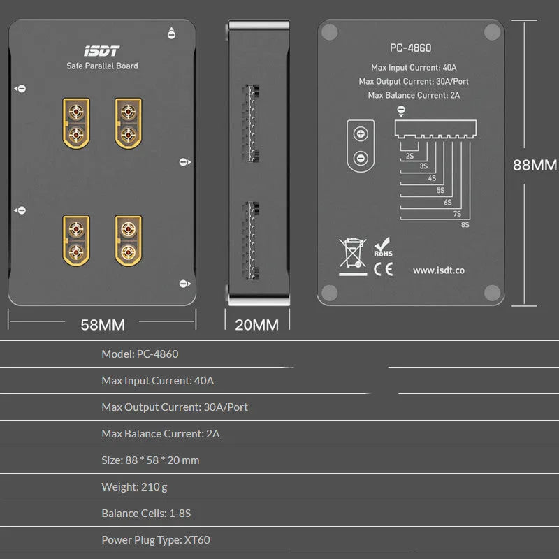 Grey aluminium parallel charging board for Astor drone batteries with male connectors