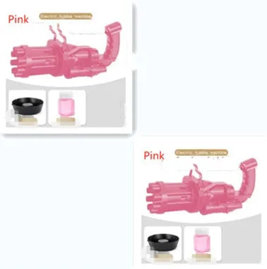 Kids plastic bubble machine gun toy in pink, gold, or black with battery compartment and removable bubble head.