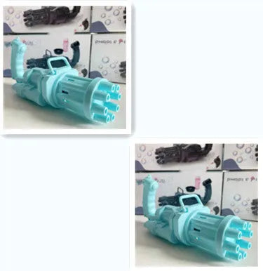 Kids plastic bubble machine gun toy in pink, gold, or black with battery compartment and removable bubble head.