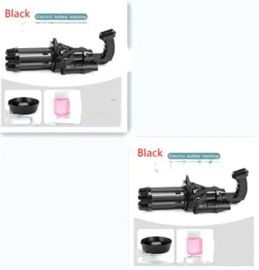 Kids plastic bubble machine gun toy in pink, gold, or black with battery compartment and removable bubble head.