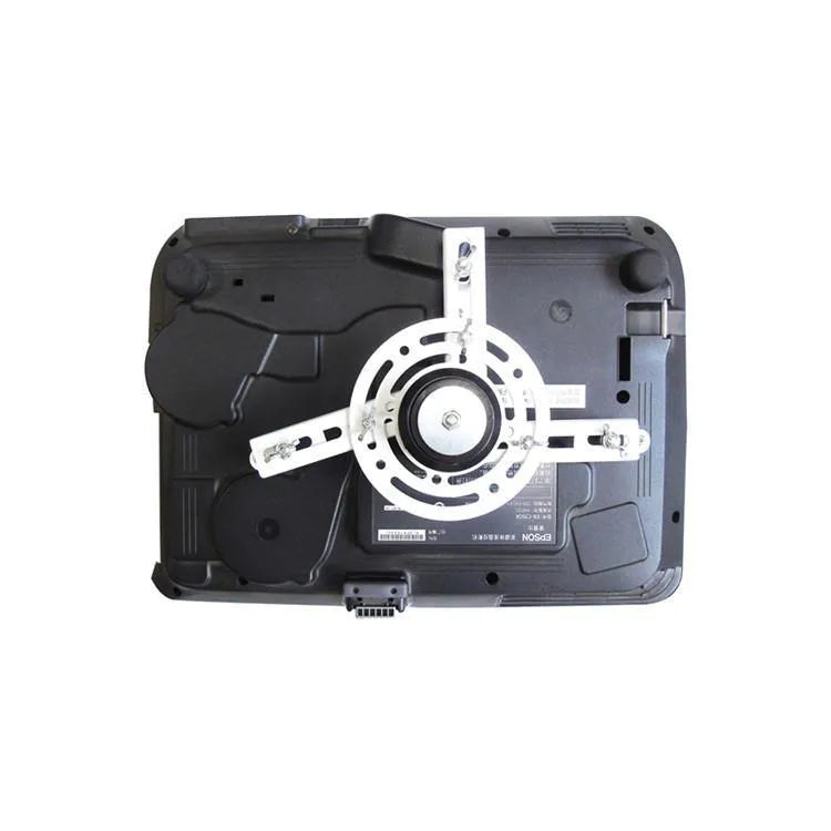 Electric projector lifting hanger with ultra-thin chassis and wireless remote control on a ceiling.