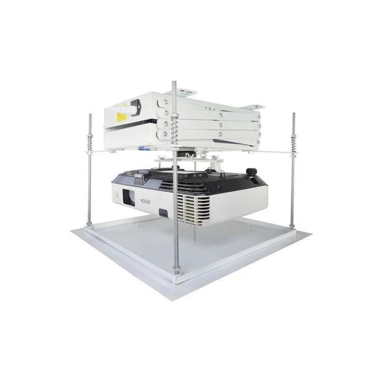 Electric projector lifting hanger with ultra-thin chassis and wireless remote control on a ceiling.
