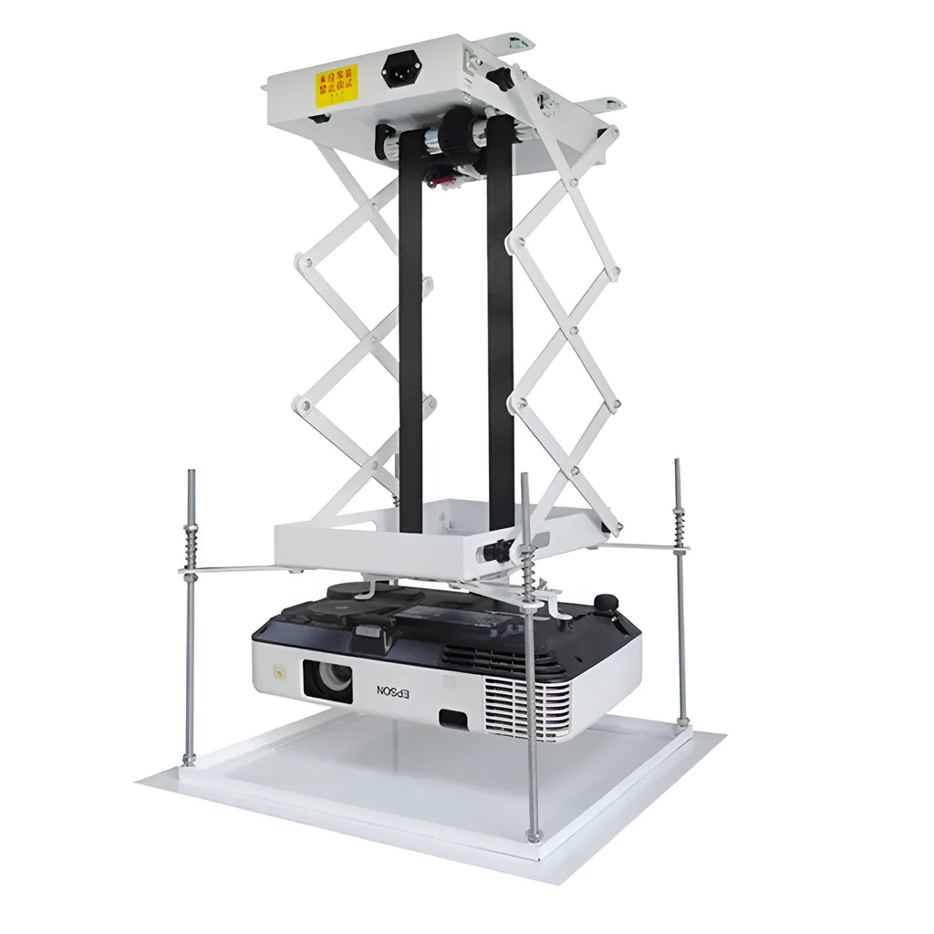 Electric projector lifting hanger with ultra-thin chassis and wireless remote control on a ceiling.