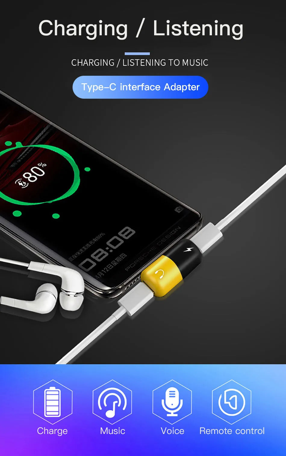 Blue charging audio adapter for Huawei and Honor phones showing 3.5mm jack and charging connector