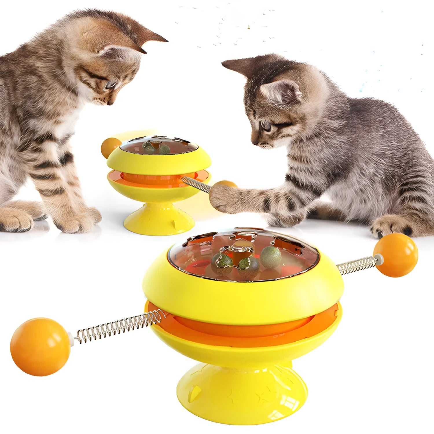 Rotatable cat toy with turntable, three catnip balls, and suction cup base in lake blue colour