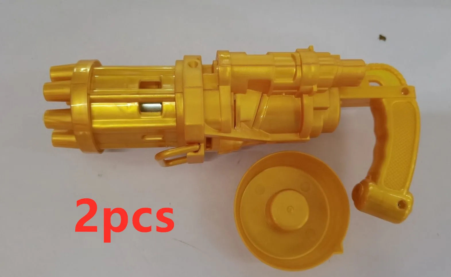 Kids plastic bubble machine gun toy in pink, gold, or black with battery compartment and removable bubble head.