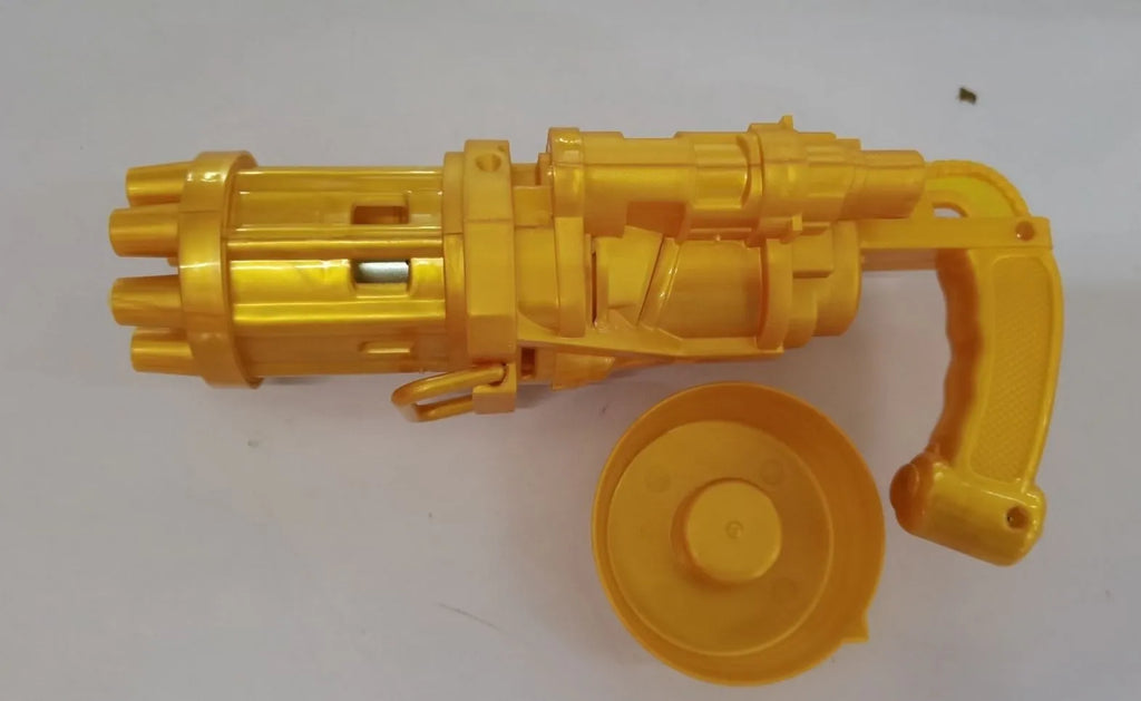Kids plastic bubble machine gun toy in pink, gold, or black with battery compartment and removable bubble head.