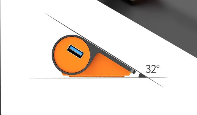 Dark grey aluminium USB-C hub with four USB 3.1 ports, orange trim, external power input, and a separate cable.