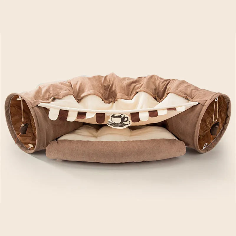 A collapsible cloth cat tunnel in Bar colour, showing its arched shape and dimensions for feline play.