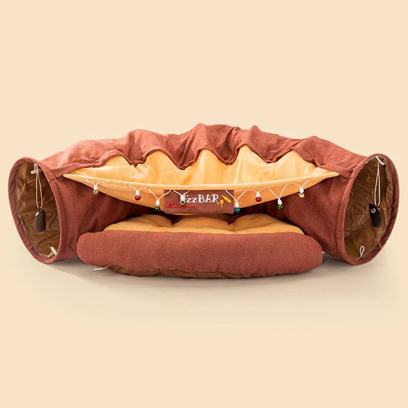 A collapsible cloth cat tunnel in Bar colour, showing its arched shape and dimensions for feline play.