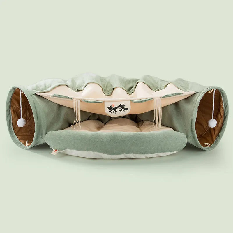 A collapsible cloth cat tunnel in Bar colour, showing its arched shape and dimensions for feline play.