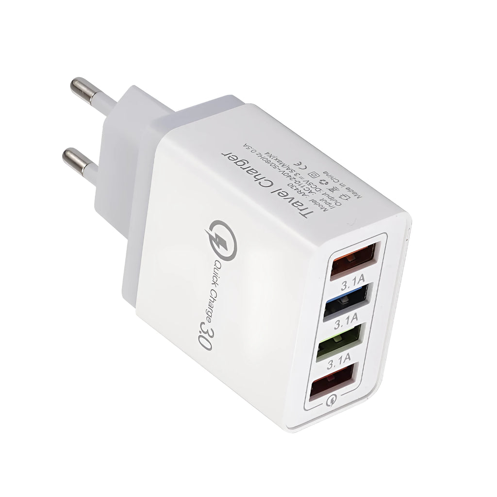Simple Luminous 4-port USB mobile phone charger with LED light and international plug options