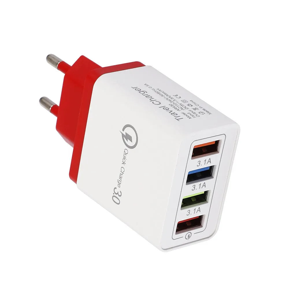 Simple Luminous 4-port USB mobile phone charger with LED light and international plug options
