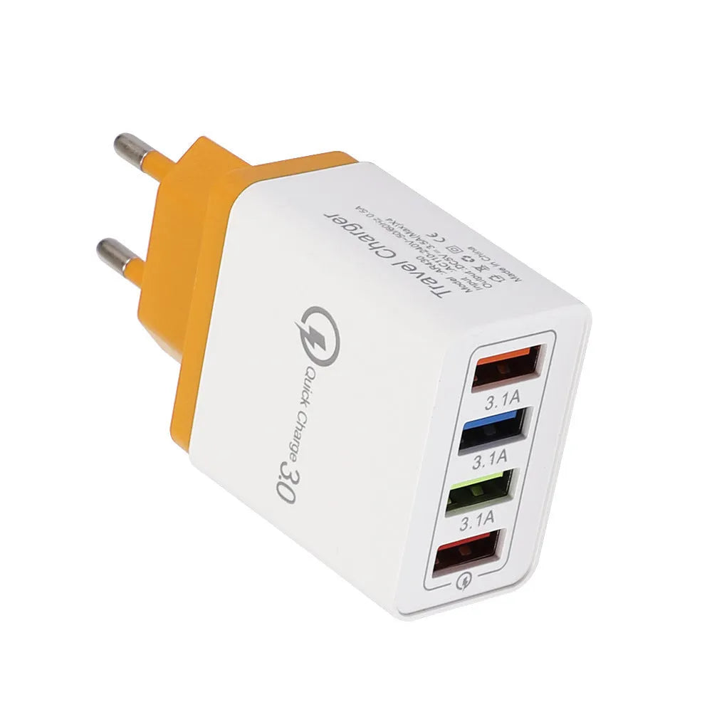 Simple Luminous 4-port USB mobile phone charger with LED light and international plug options