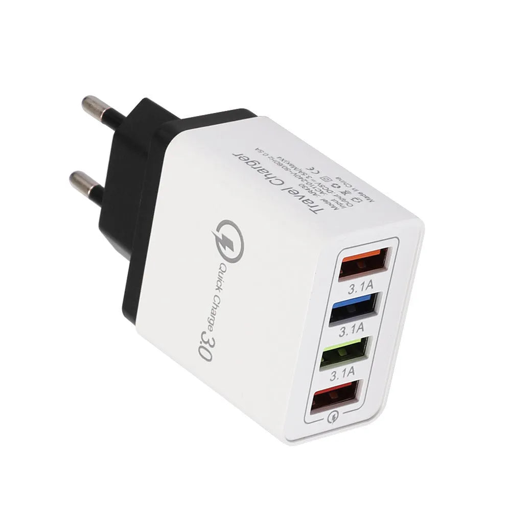 Simple Luminous 4-port USB mobile phone charger with LED light and international plug options