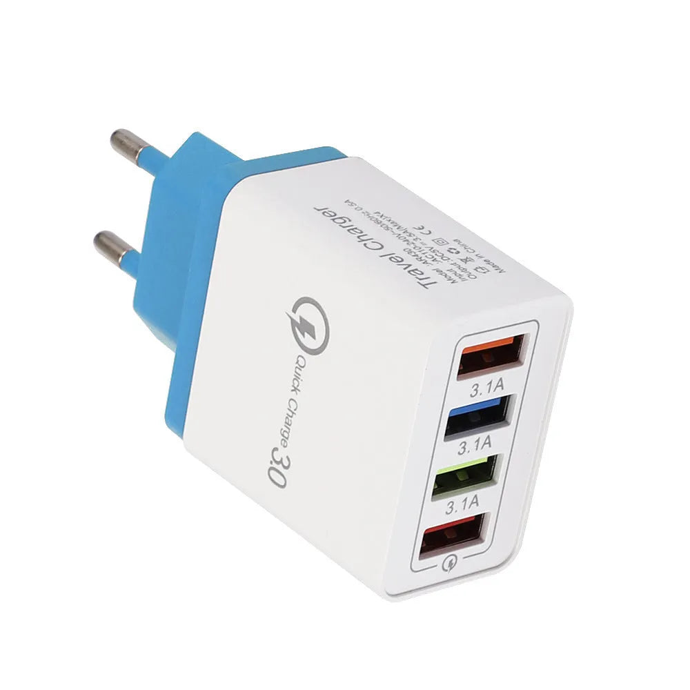 Simple Luminous 4-port USB mobile phone charger with LED light and international plug options