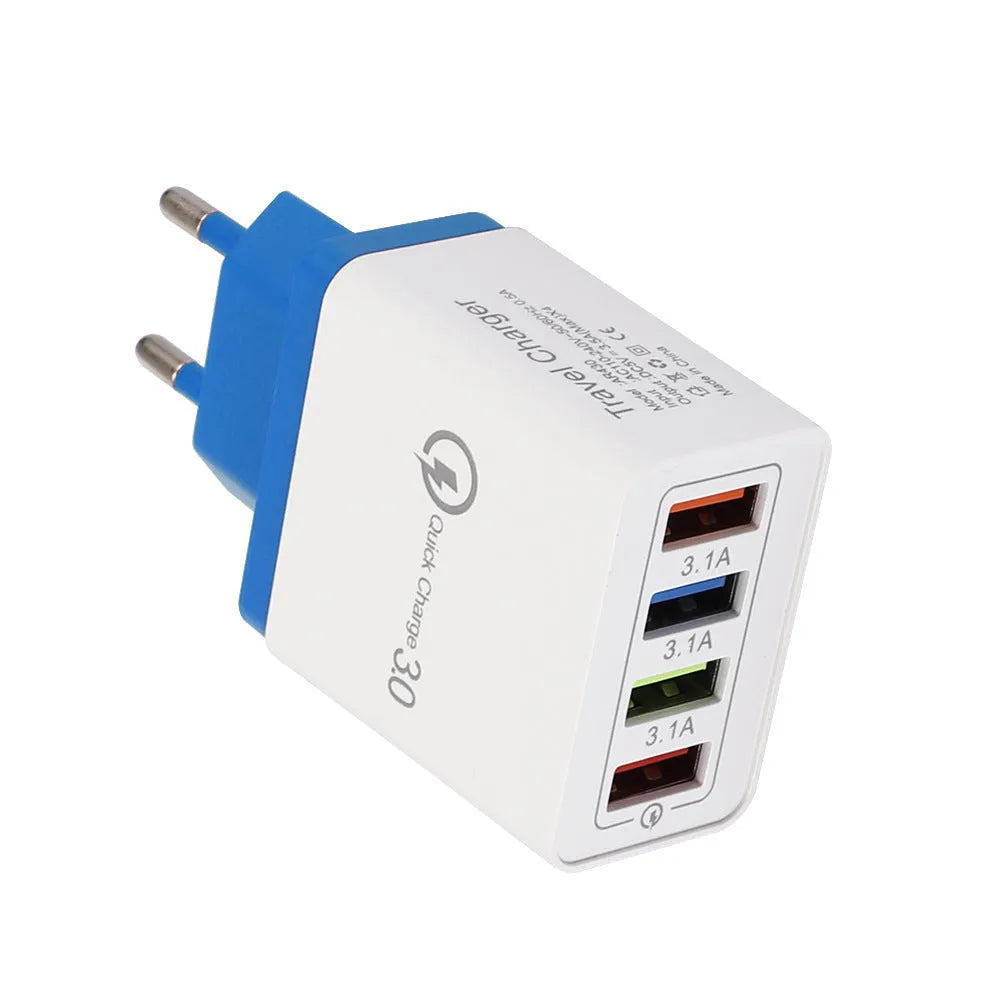 Simple Luminous 4-port USB mobile phone charger with LED light and international plug options