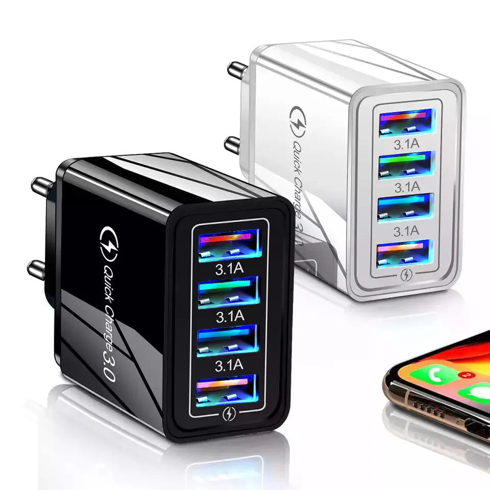 Simple Luminous 4-port USB mobile phone charger with LED light and international plug options