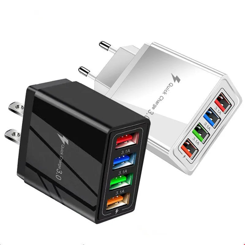 Simple Luminous 4-port USB mobile phone charger with LED light and international plug options