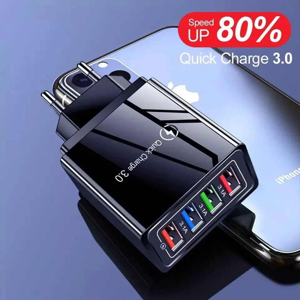 Simple Luminous 4-port USB mobile phone charger with LED light and international plug options