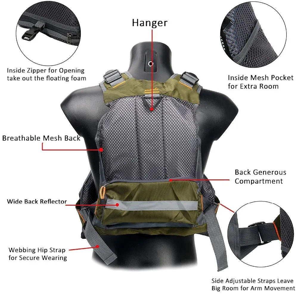 Grey fishing life jacket safety vest with multiple chest pockets and adjustable straps on mannequin