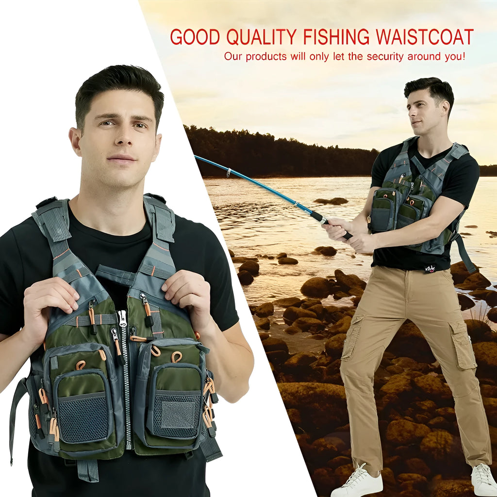 Grey fishing life jacket safety vest with multiple chest pockets and adjustable straps on mannequin