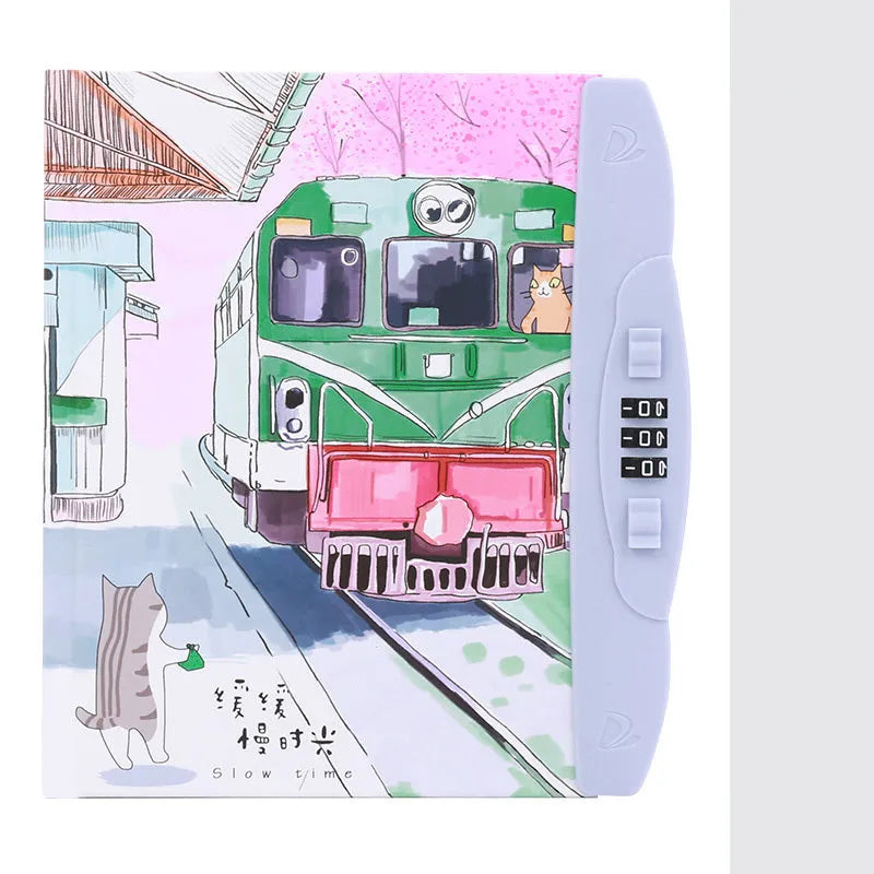 Korean children's lock notebook with colourful cartoon cover showing space, animal, or Christmas designs