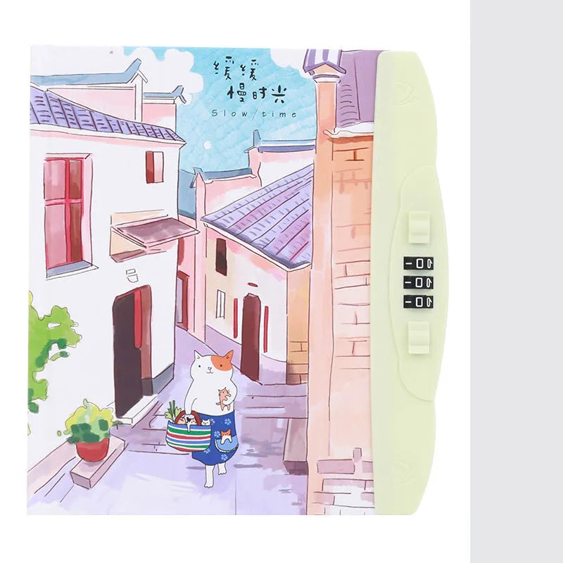 Korean children's lock notebook with colourful cartoon cover showing space, animal, or Christmas designs