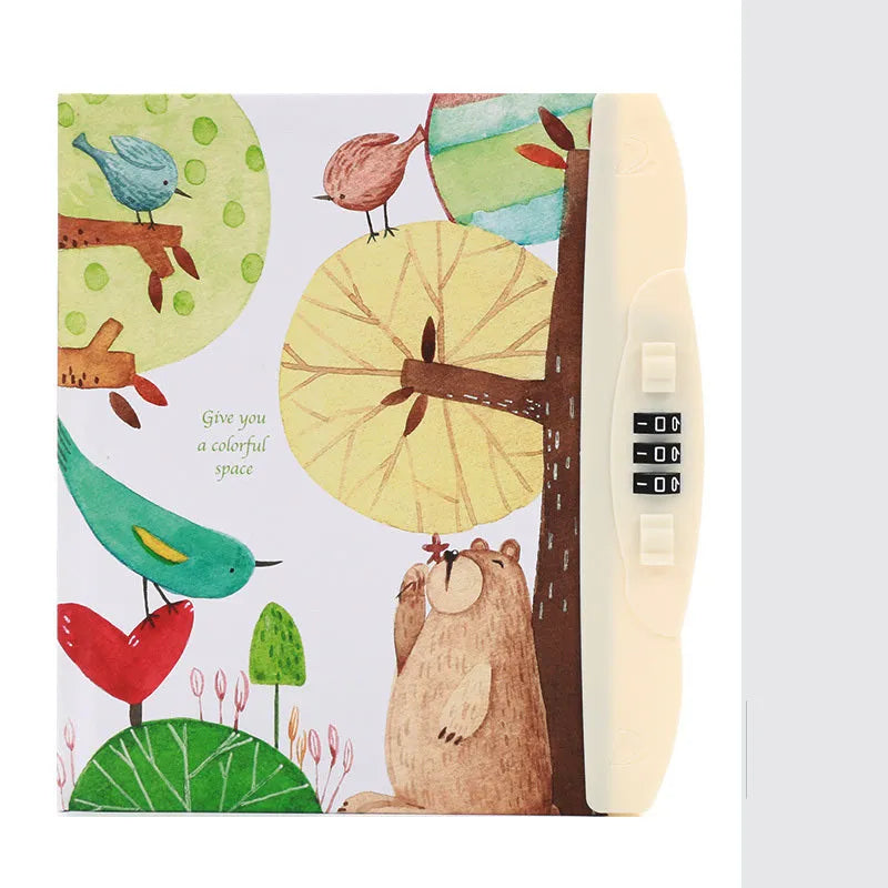Korean children's lock notebook with colourful cartoon cover showing space, animal, or Christmas designs