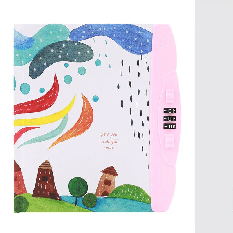 Korean children's lock notebook with colourful cartoon cover showing space, animal, or Christmas designs