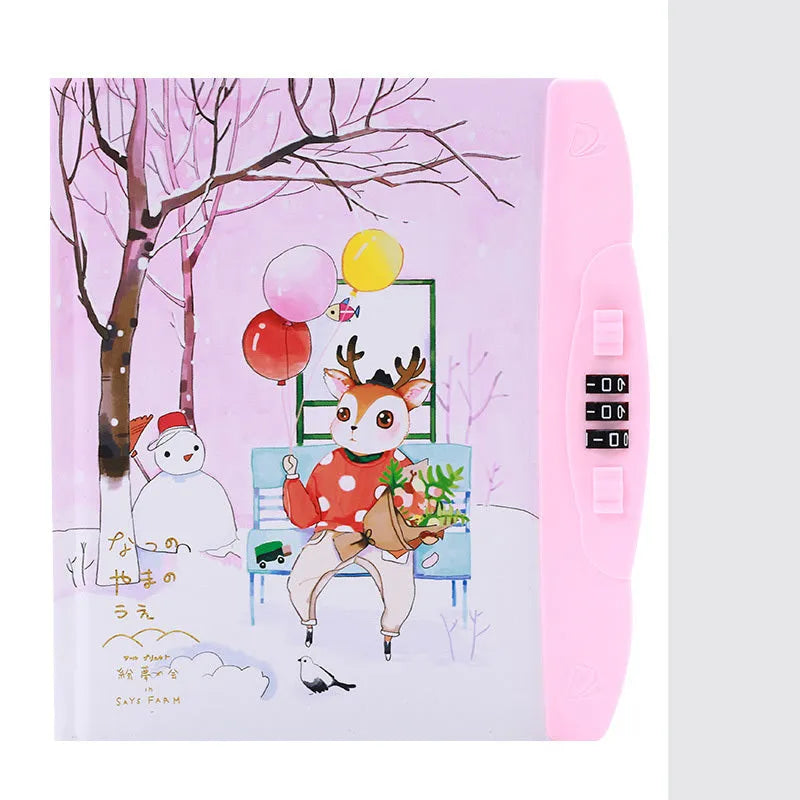 Korean children's lock notebook with colourful cartoon cover showing space, animal, or Christmas designs
