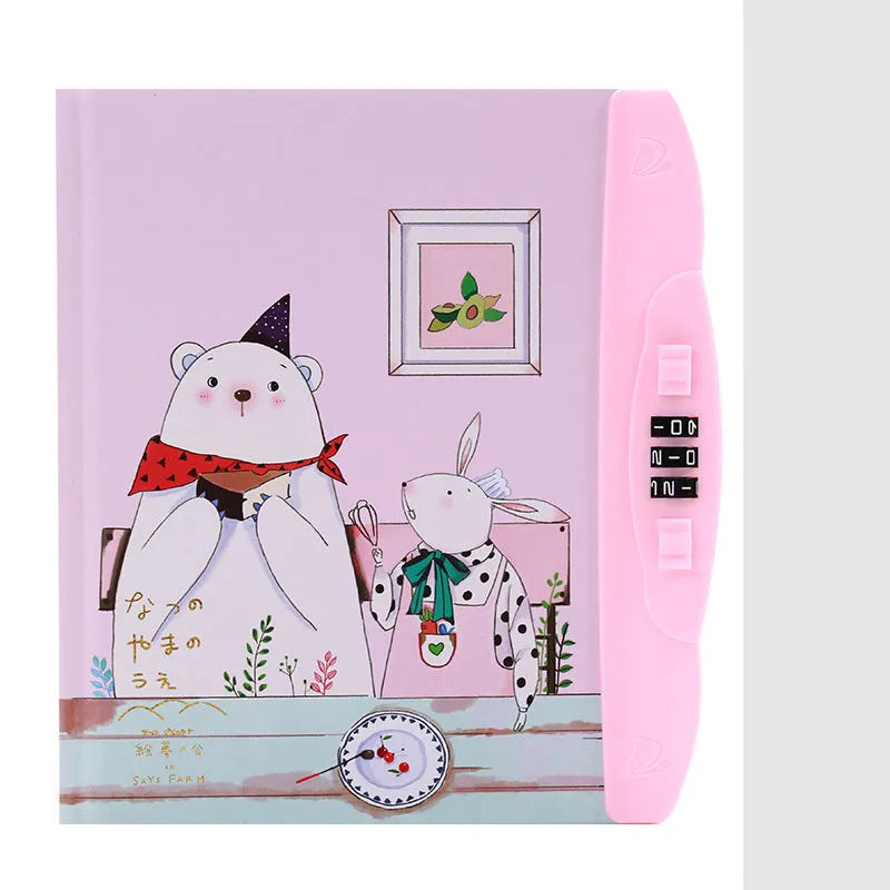 Korean children's lock notebook with colourful cartoon cover showing space, animal, or Christmas designs
