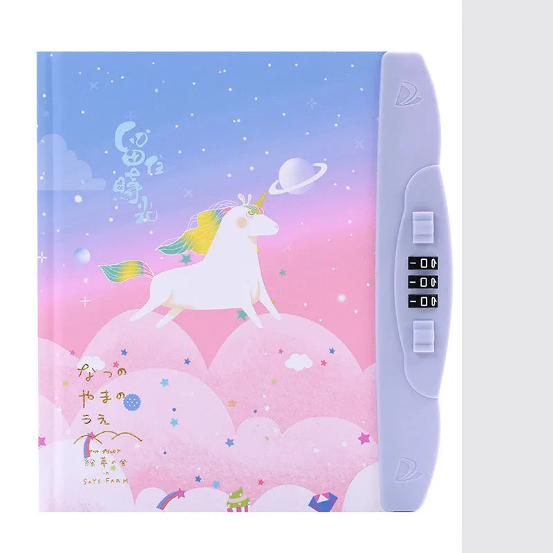 Korean children's lock notebook with colourful cartoon cover showing space, animal, or Christmas designs