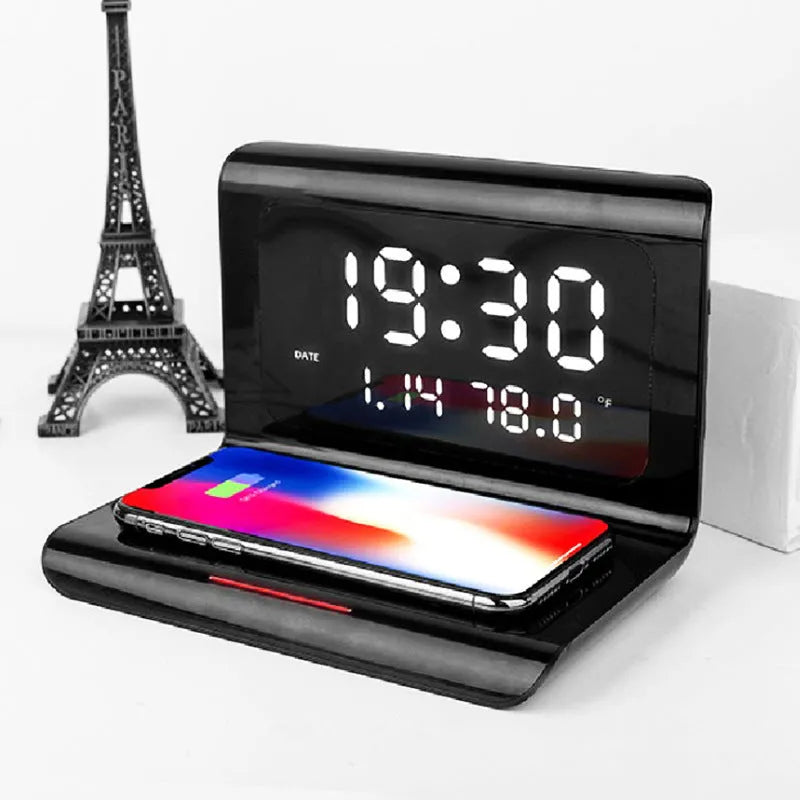 Wireless charger alarm clock with calendar display and temperature humidity monitor in black or white